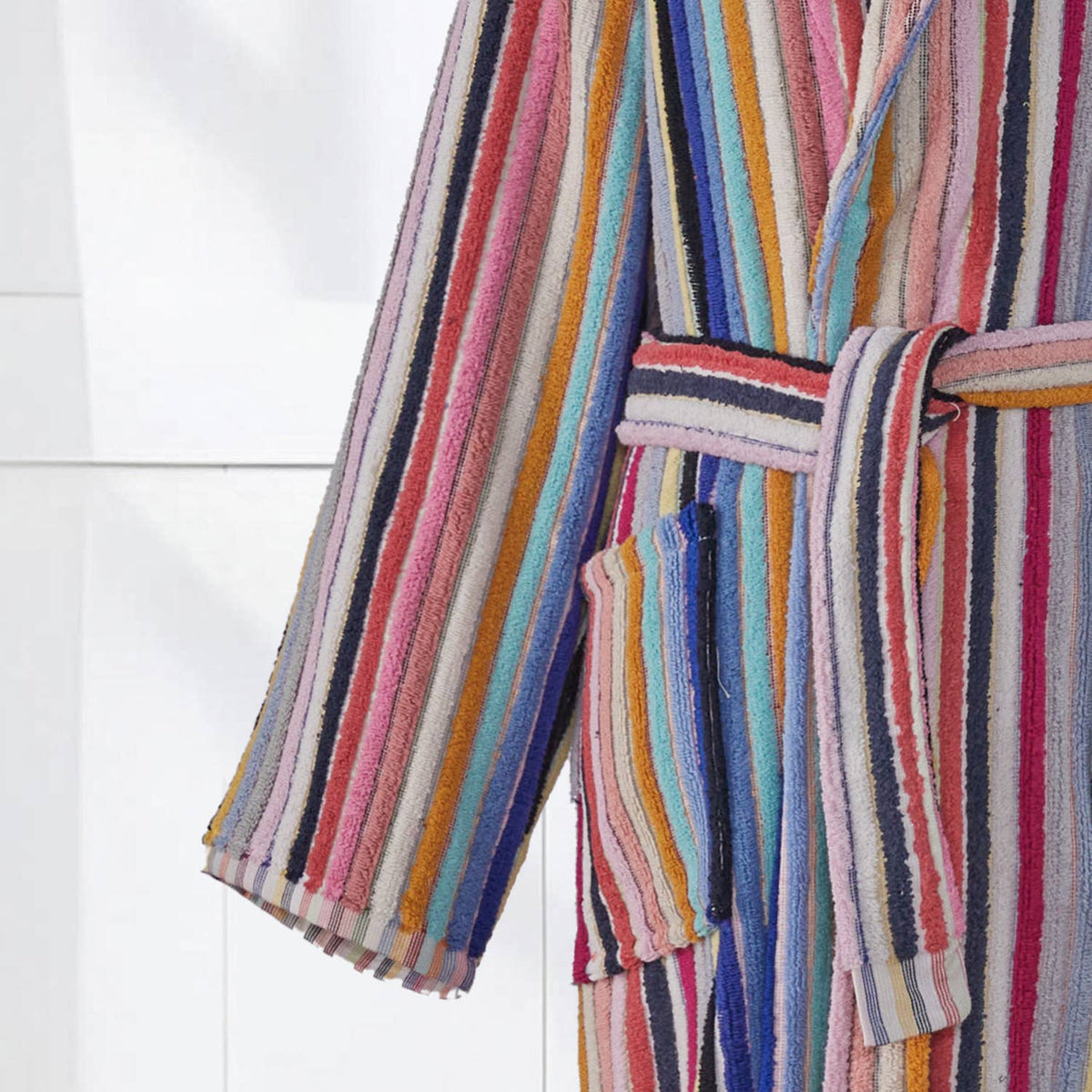 Pompom Turkish bathrobe – Bold Multicolor Stripe, Shawl Collar, back view | Kikoya