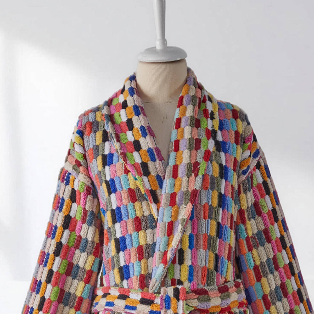 Pompom Turkish bathrobe – Lokum Multicolor, Shawl Collar, texture detail | Kikoya