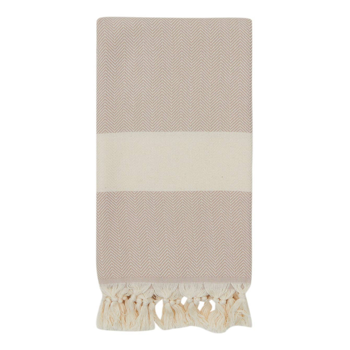 Herringbone Turkish towel – Beige, folded with fringe | Kikoya