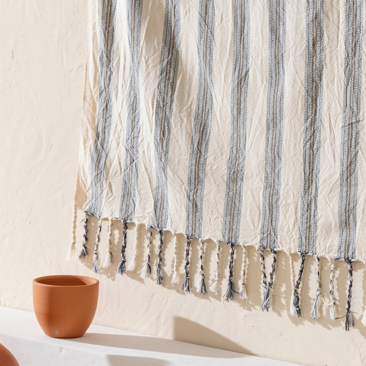 Taupe Ticking Stripe Turkish towel, woven texture close-up | Kikoya