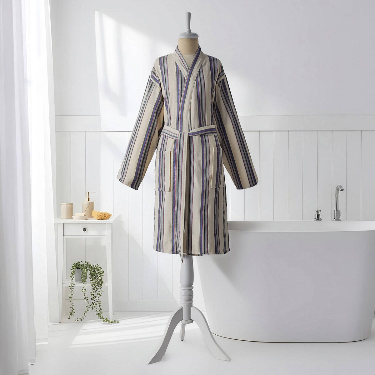Multi stripe Turkish bathrobe in grey & blue – kimono | Kikoya