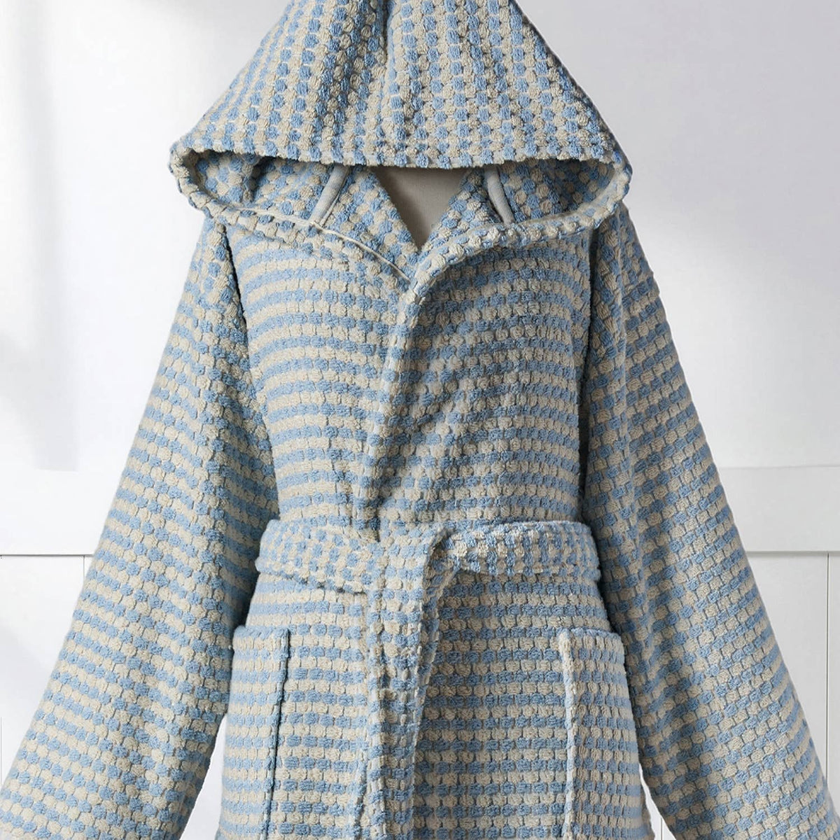Pompom Turkish bathrobe – Baby Blue, Hooded, styled view | Kikoya