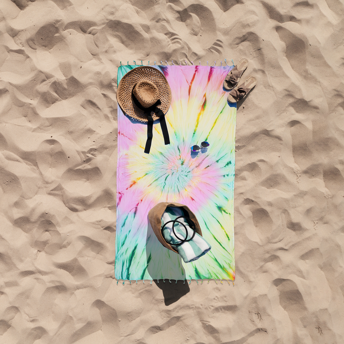 Tie-dye Turkish beach towel in pink, yellow and mint spiral, 33x65 in | Kikoya