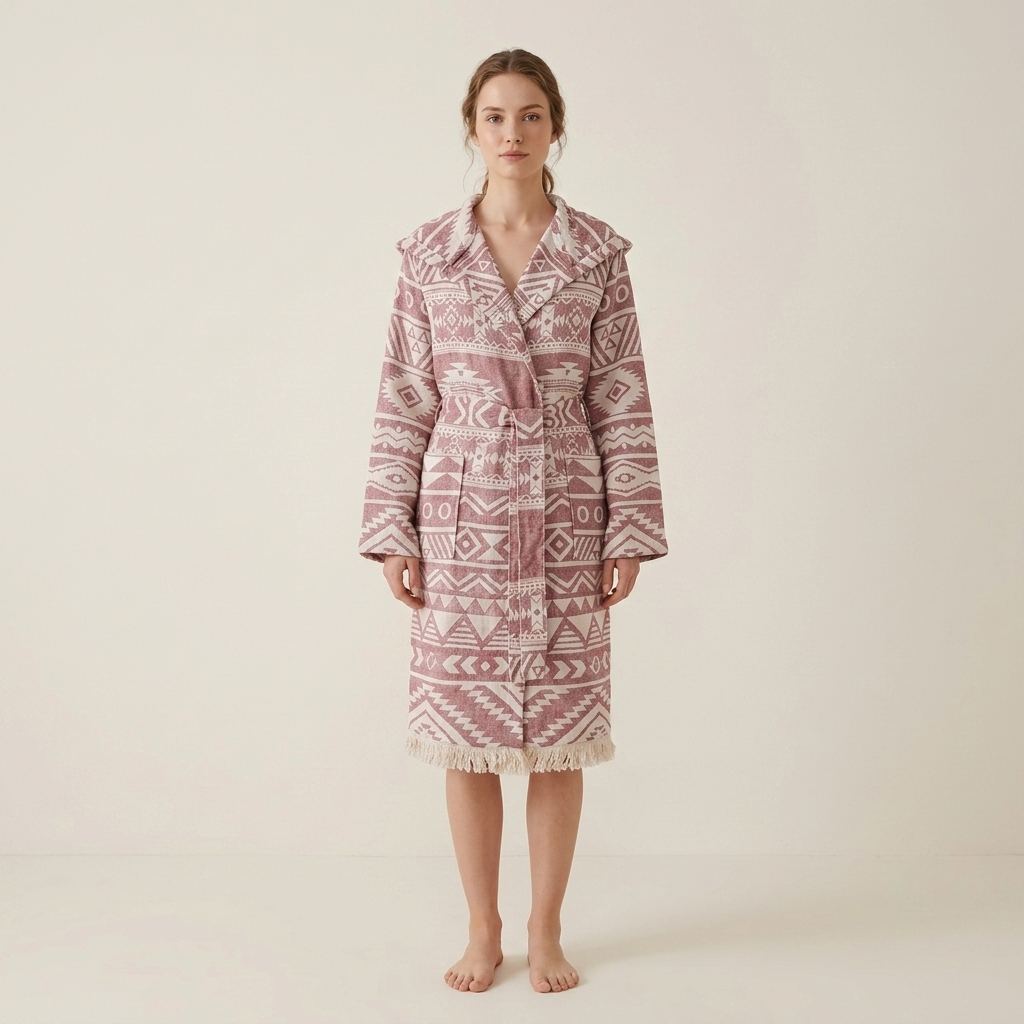 Aztec Turkish bathrobe in dusty rose – hooded, fringed hem | Kikoya