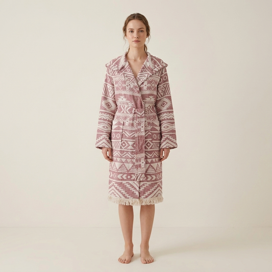 Aztec Turkish bathrobe in dusty rose – hooded, fringed hem | Kikoya