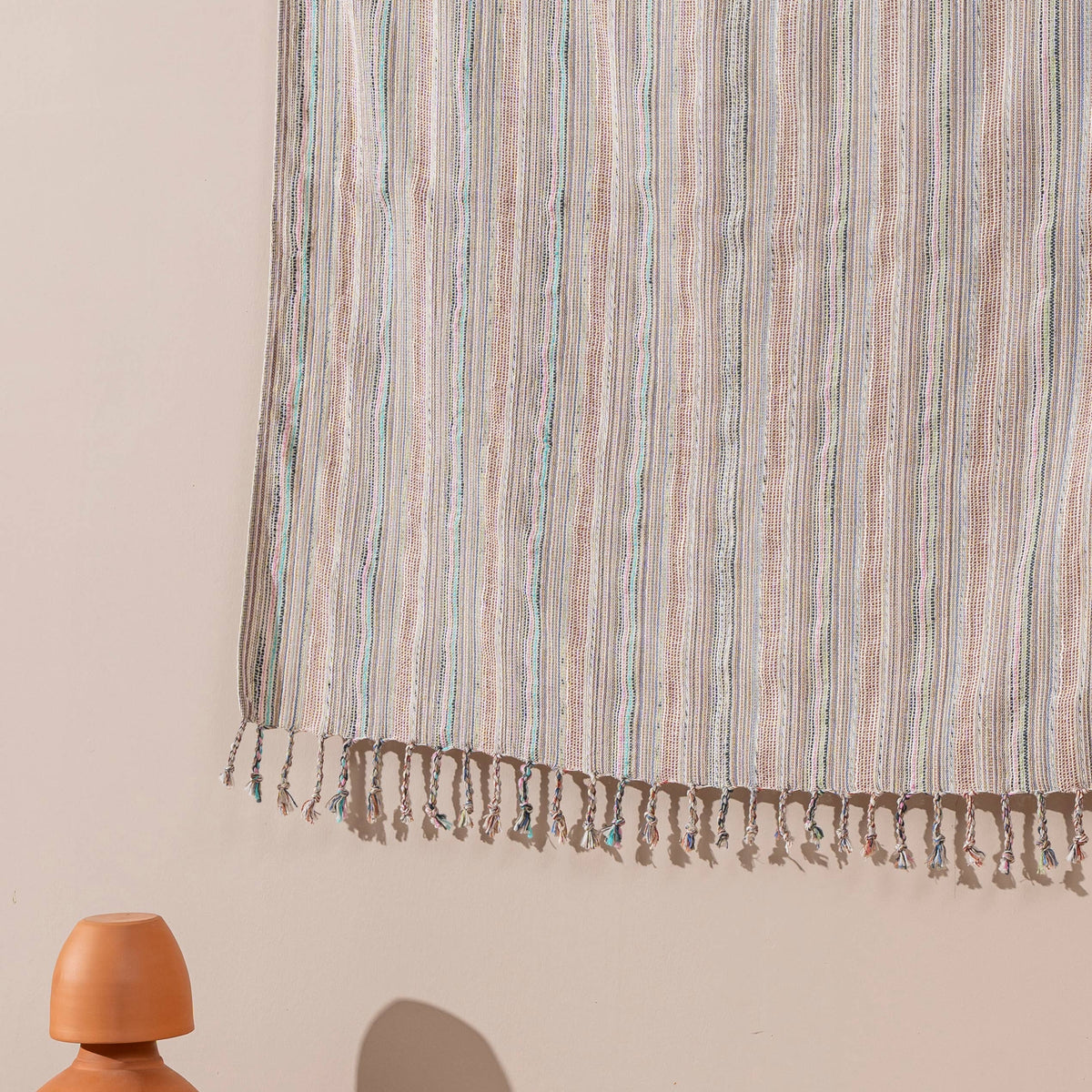 Premium Rustic Turkish beach towel – Melange Multi Stripe, styled view | Kikoya