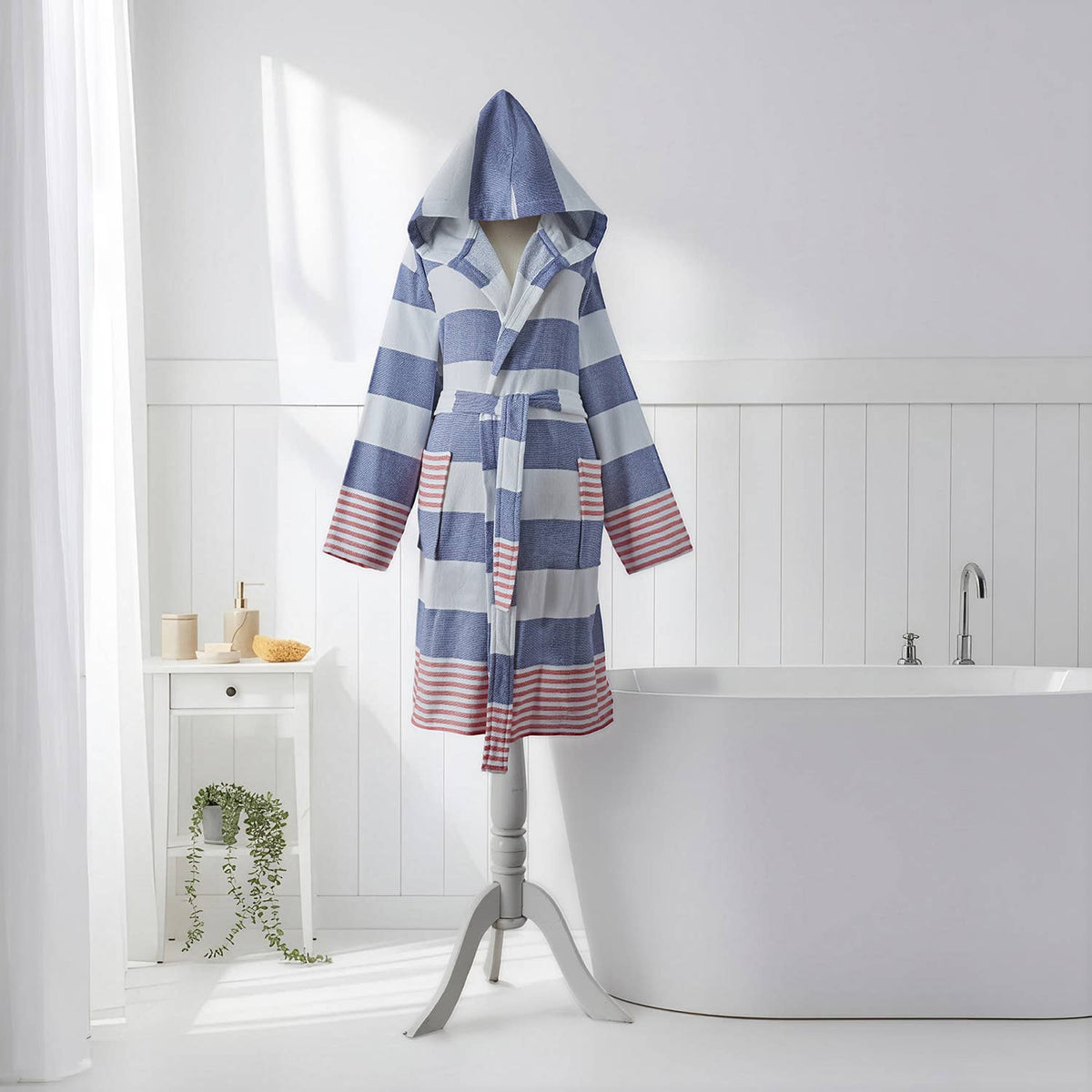 Marine terry-backed Turkish bathrobe – block stripe, hooded | Kikoya