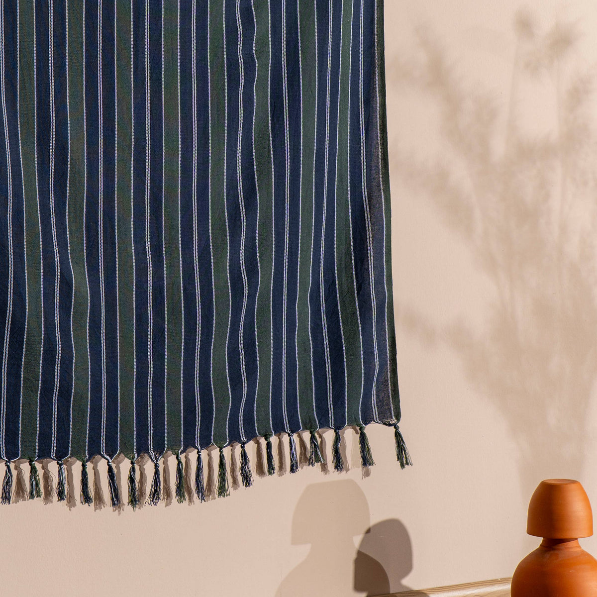 Hand-knotted fringe detail on the ink navy pinstripe Turkish beach towel | Kikoya