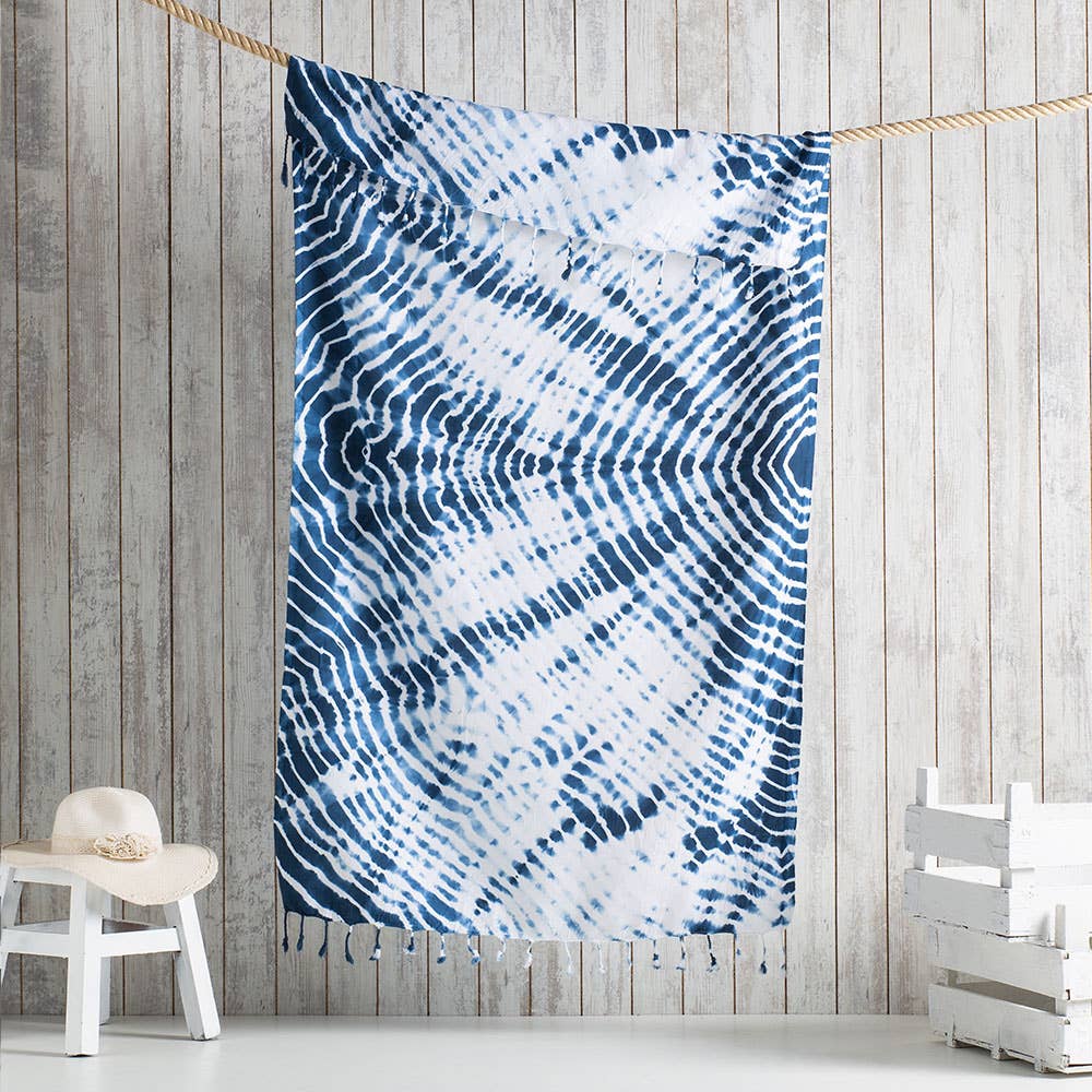 Tie-dye Turkish beach towel in cobalt spiral, 33x65 in, hand-dyed | Kikoya