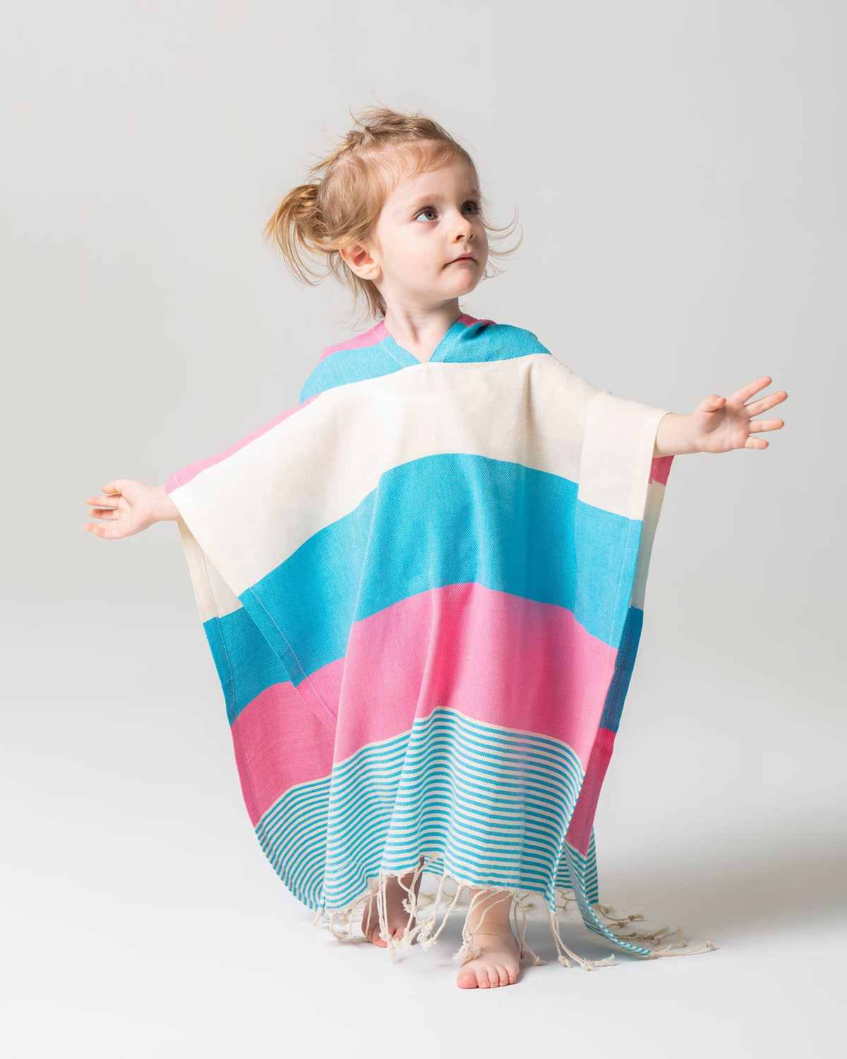 Block stripe kids hooded towel poncho in Pink & Turquoise, 100% Turkish cotton | Kikoya