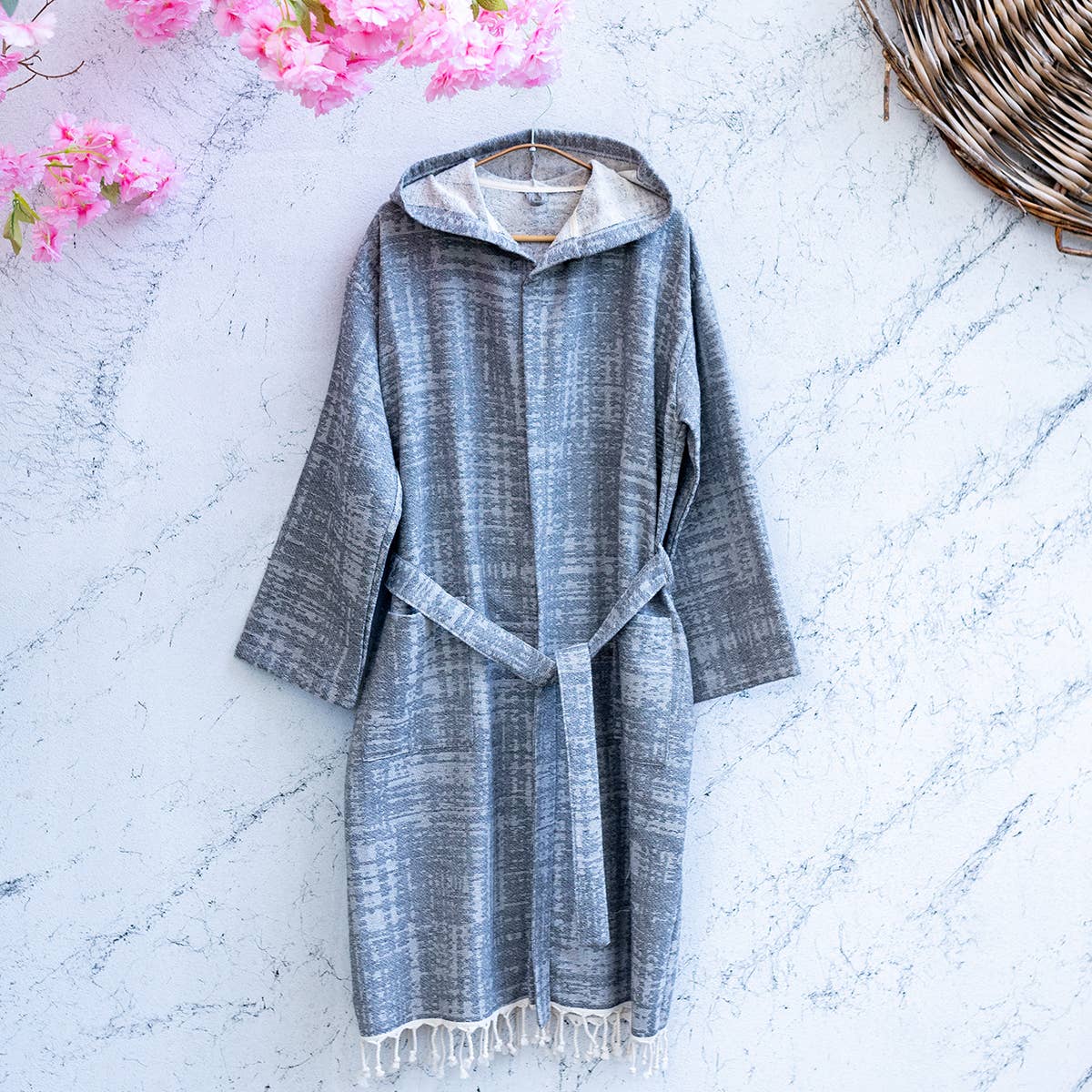 Vintage terry-backed Turkish bathrobe, hooded, washed finish | Kikoya