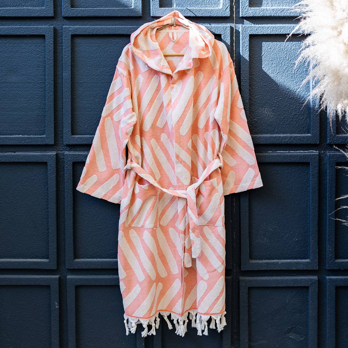 Fishbone raised terry Turkish bathrobe with a herringbone jacquard, hooded | Kikoya