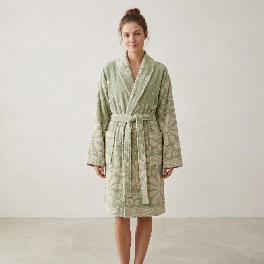 Daisy raised terry Turkish bathrobe – floral jacquard, shawl collar | Kikoya