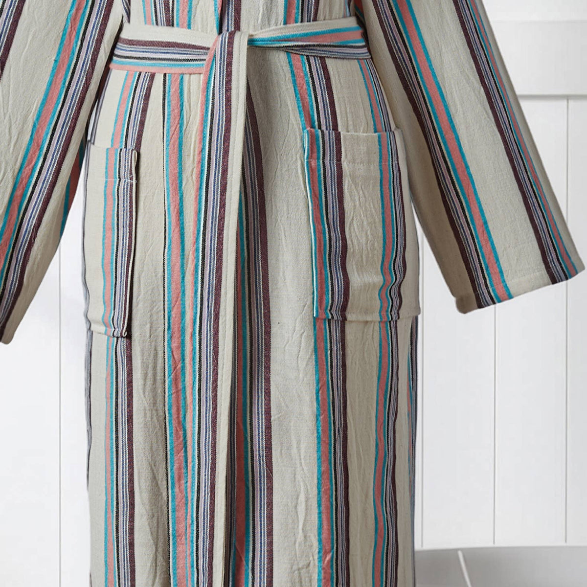 Antique Turkish kimono bathrobe – Cream & Teal Stripe | Kikoya