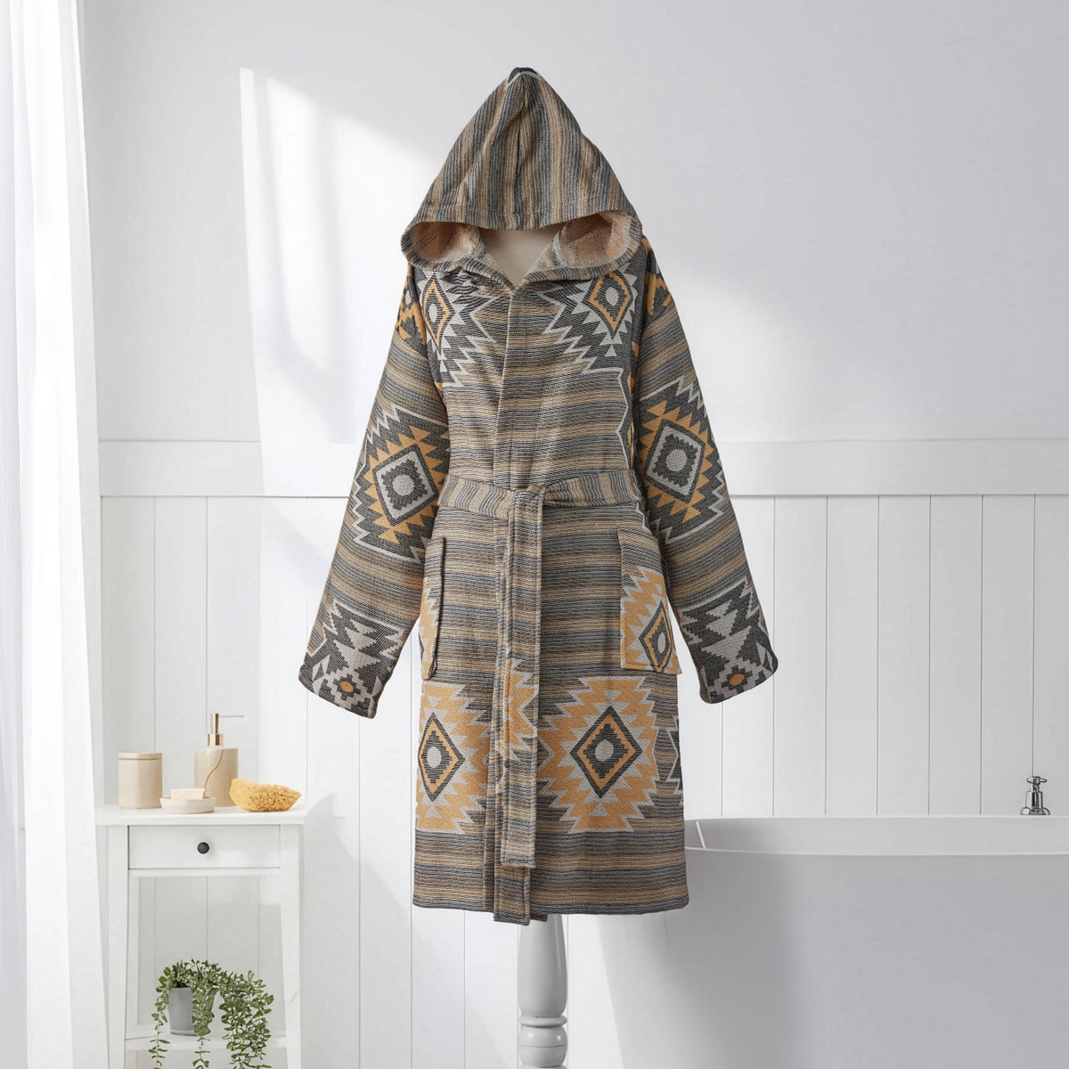 Kilim terry-backed Turkish bathrobe – hooded, multicolor | Kikoya