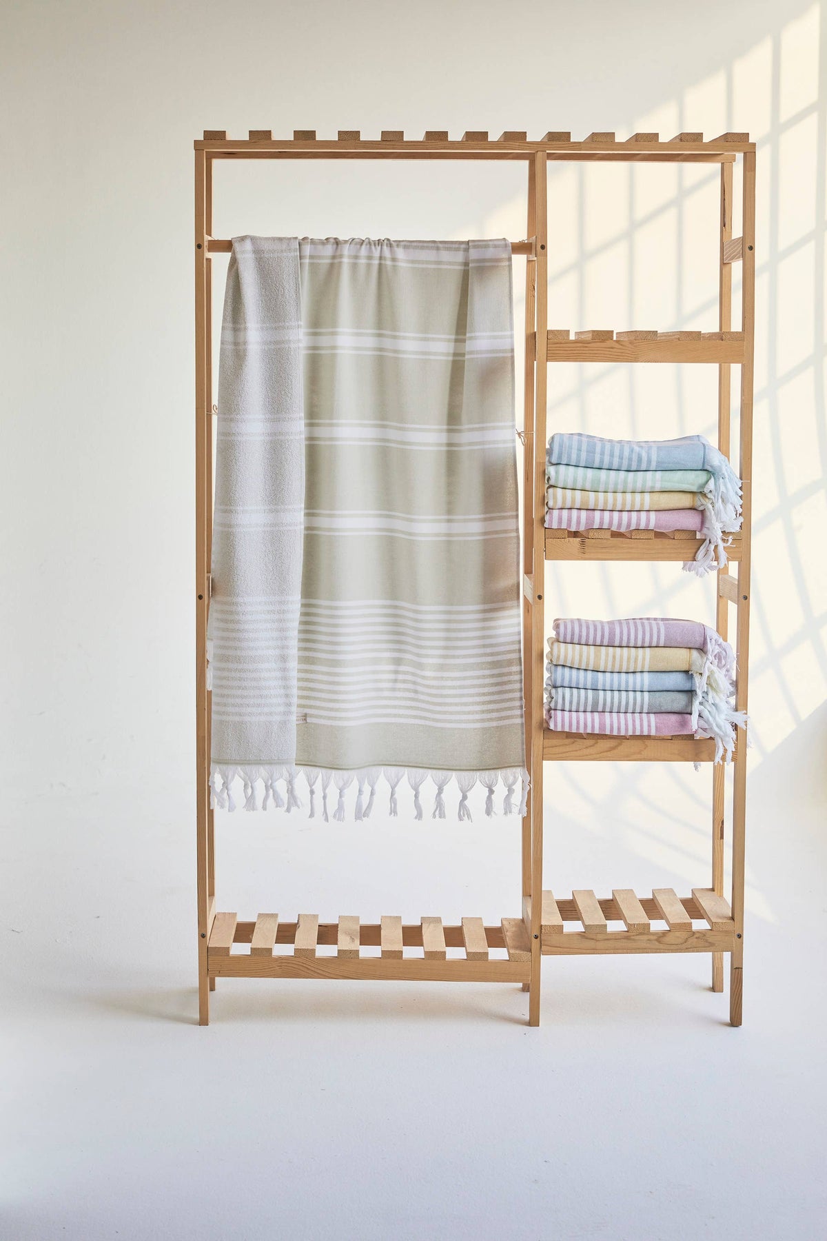 Arma terry-backed Turkish towel in fine green pinstripe | Kikoya