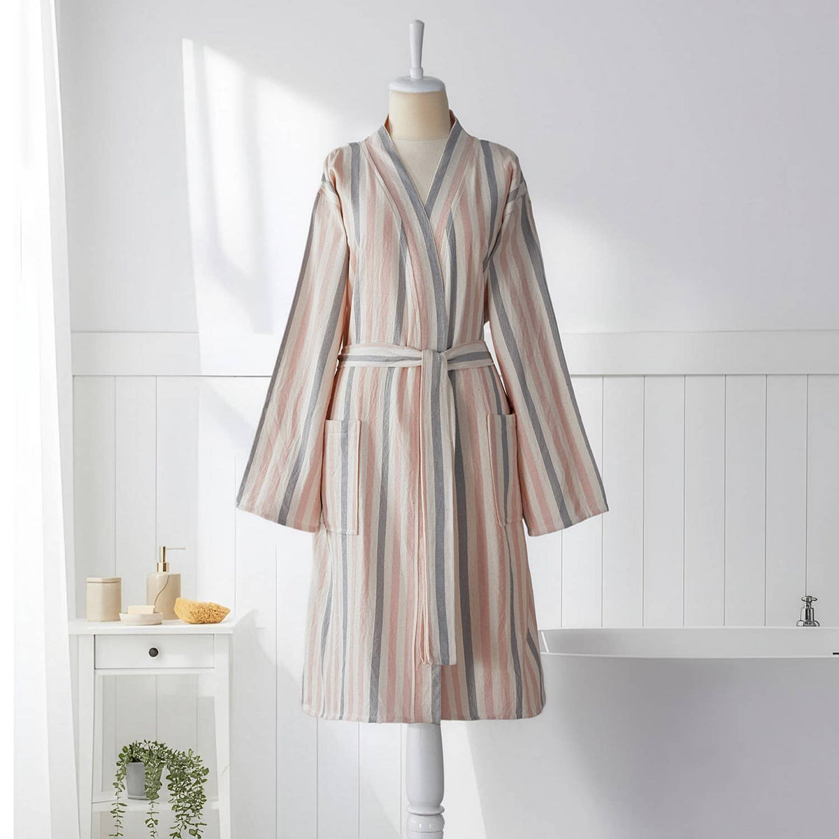 Fine stripe Turkish cotton bathrobe in blush – kimono | Kikoya