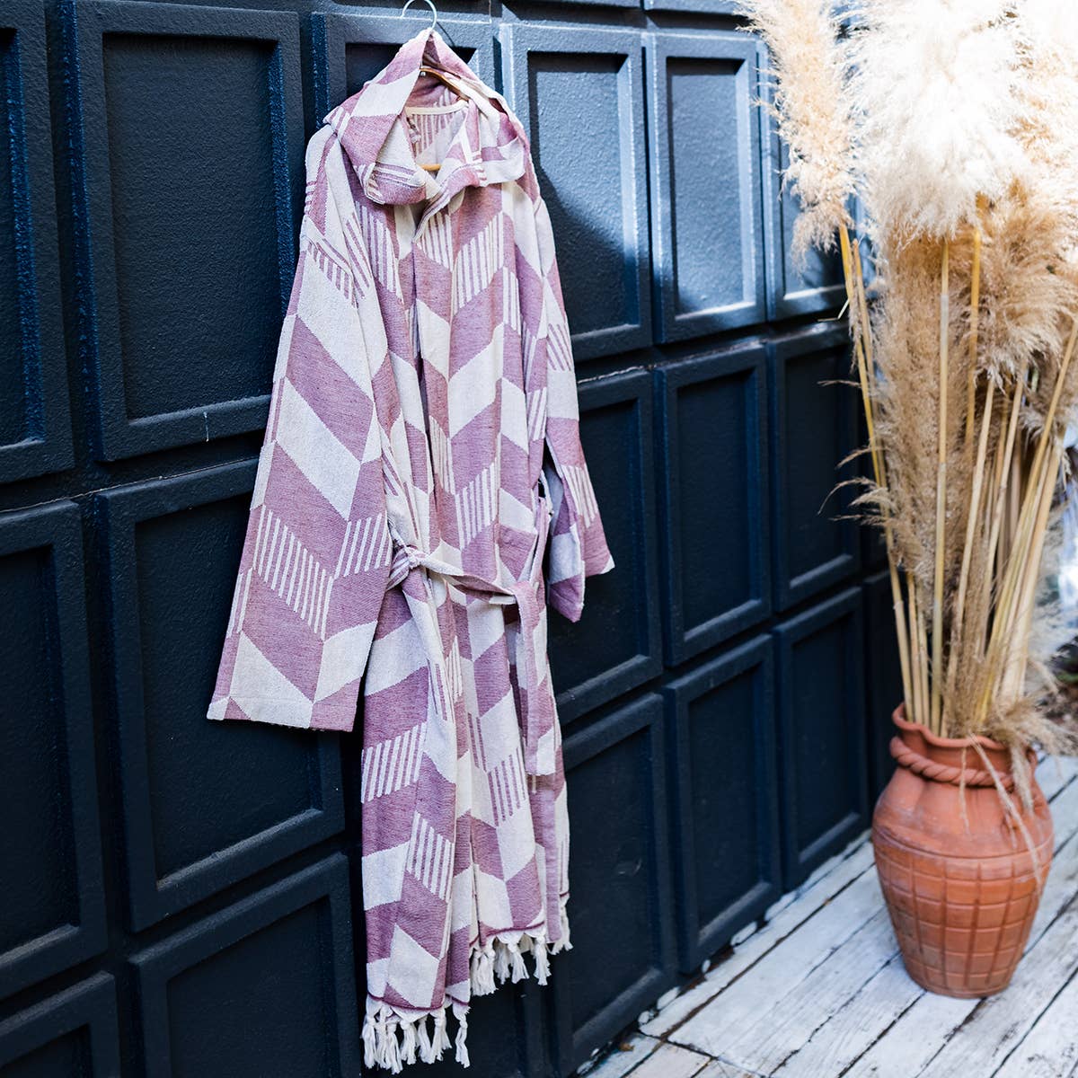 Herringbone raised terry Turkish bathrobe, hooded | Kikoya