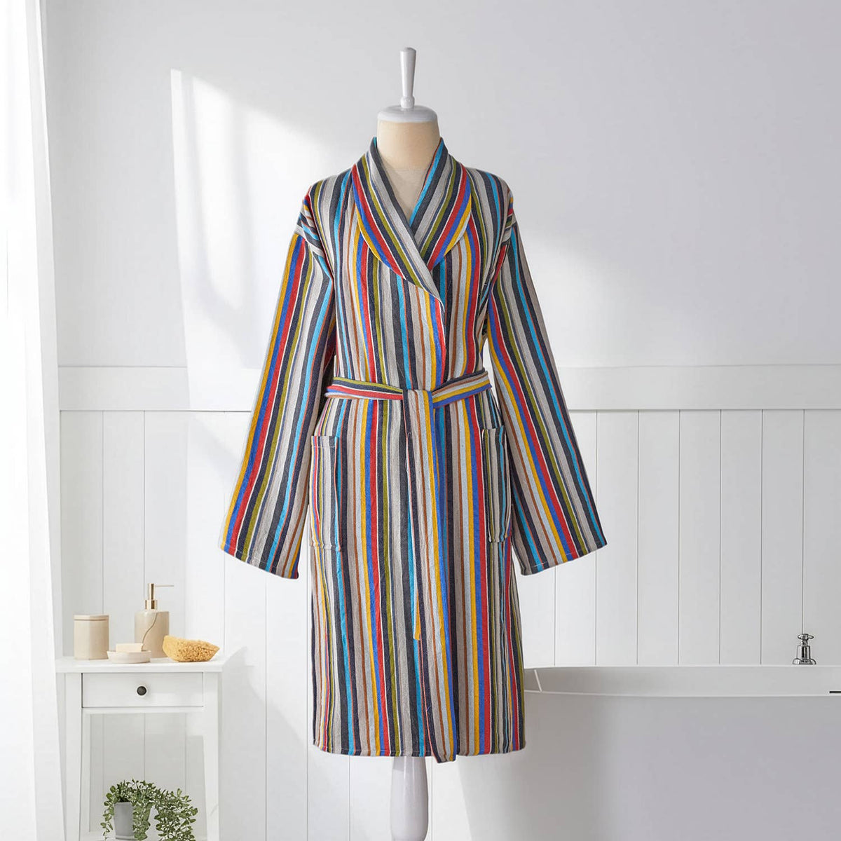 Multi stripe Turkish cotton bathrobe – shawl collar, belted | Kikoya
