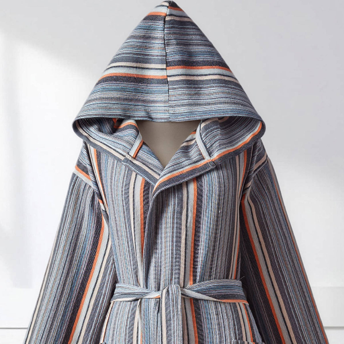Antique Turkish hooded bathrobe – Grey & Rust Stripe | Kikoya