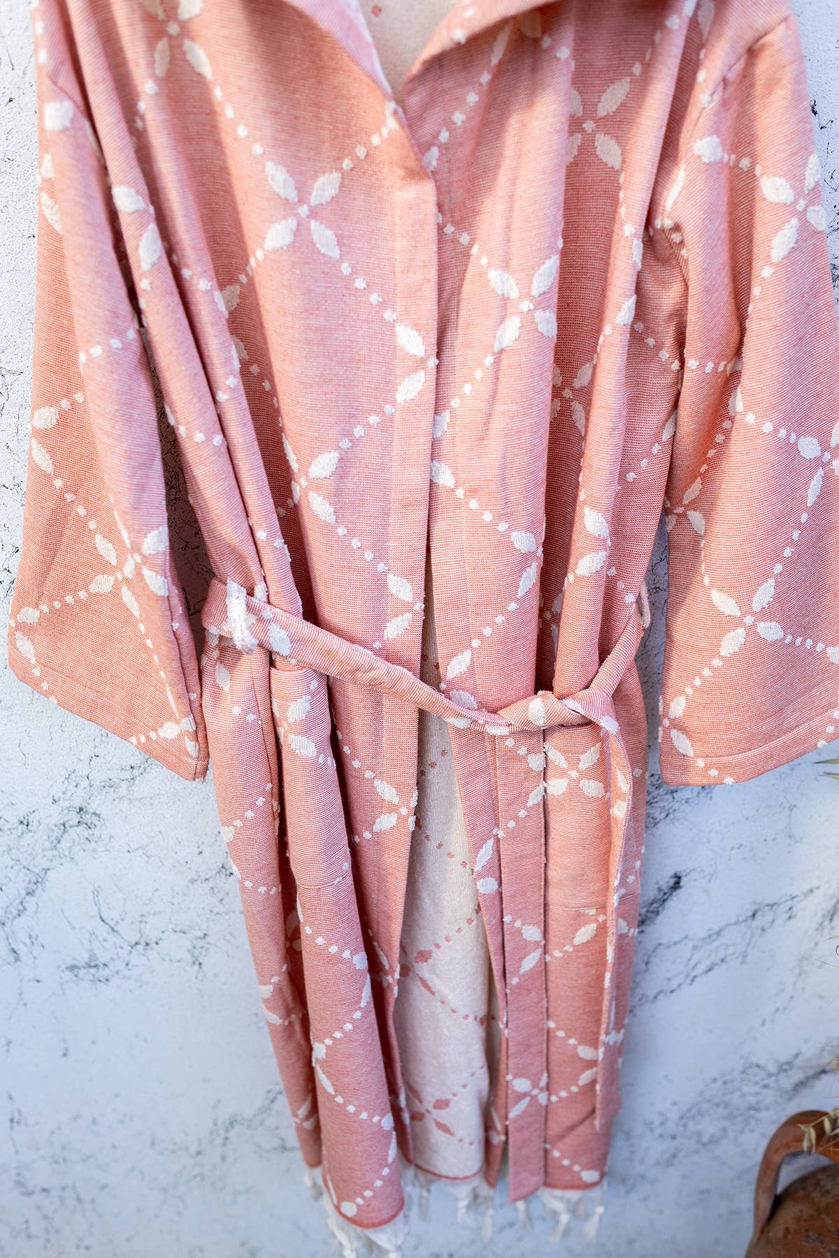 Carmen raised terry Turkish bathrobe with a floral jacquard, hooded | Kikoya
