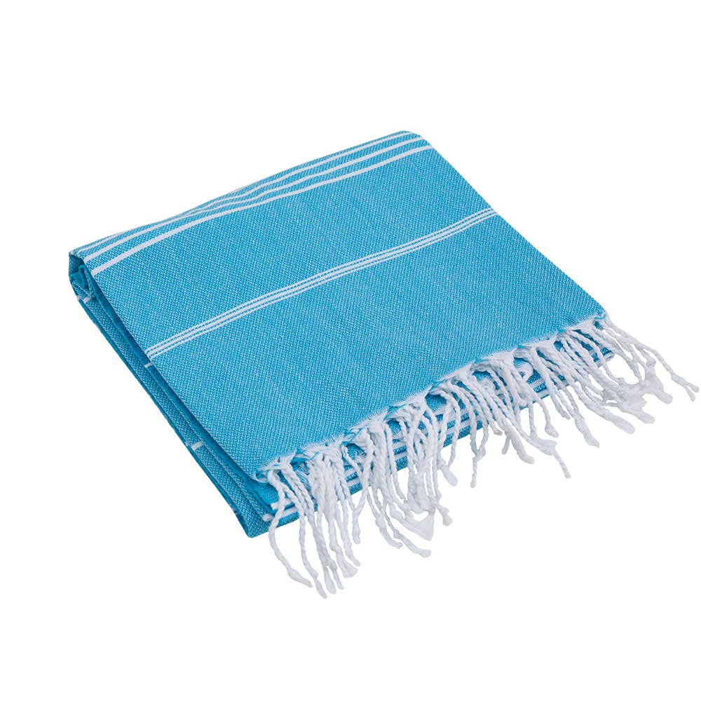 Sultan Turkish beach towel – Turquoise, folded with knotted fringe | Kikoya