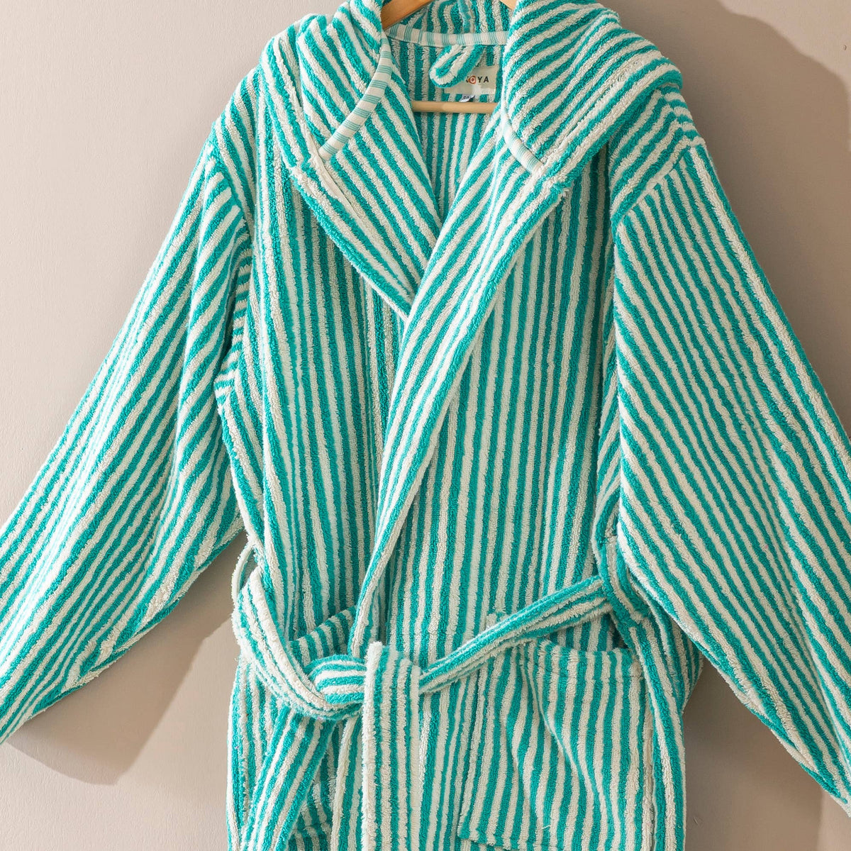 Pompom Turkish bathrobe – Green & White Stripe, Hooded, full-length view | Kikoya