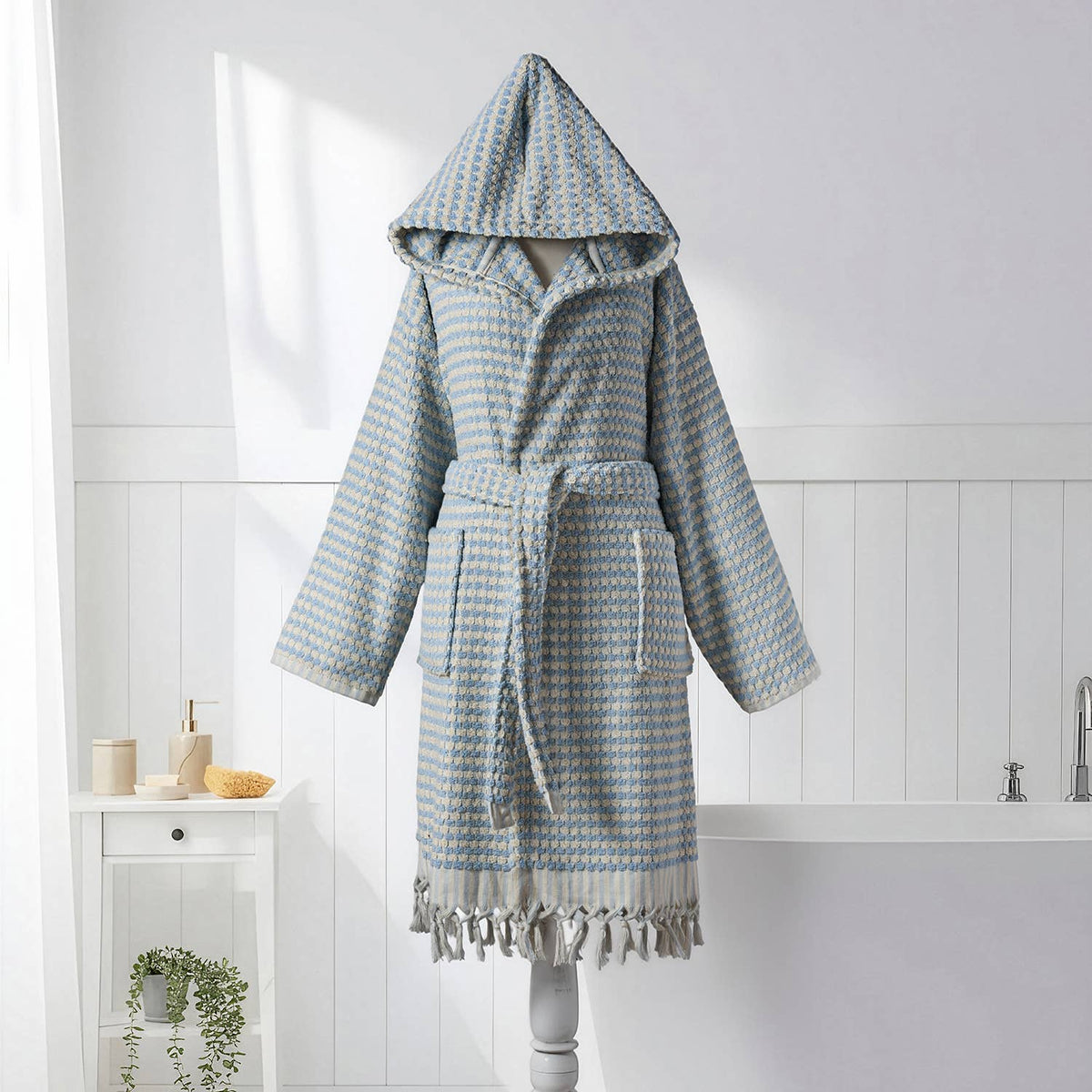 Pompom Turkish bathrobe – Baby Blue, Hooded, belt and pocket detail | Kikoya