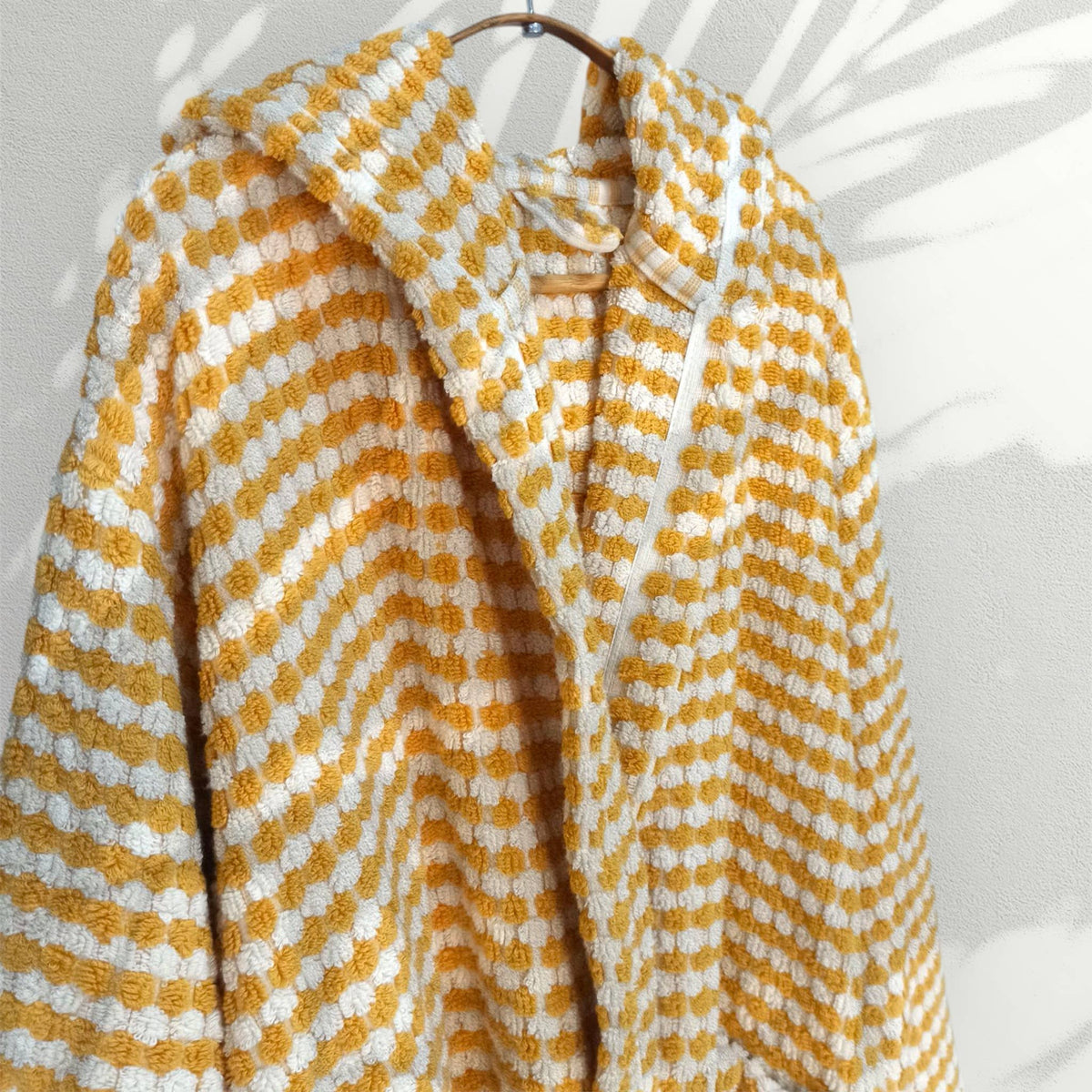 Pompom Turkish bathrobe – Mustard, Hooded, full-length view | Kikoya