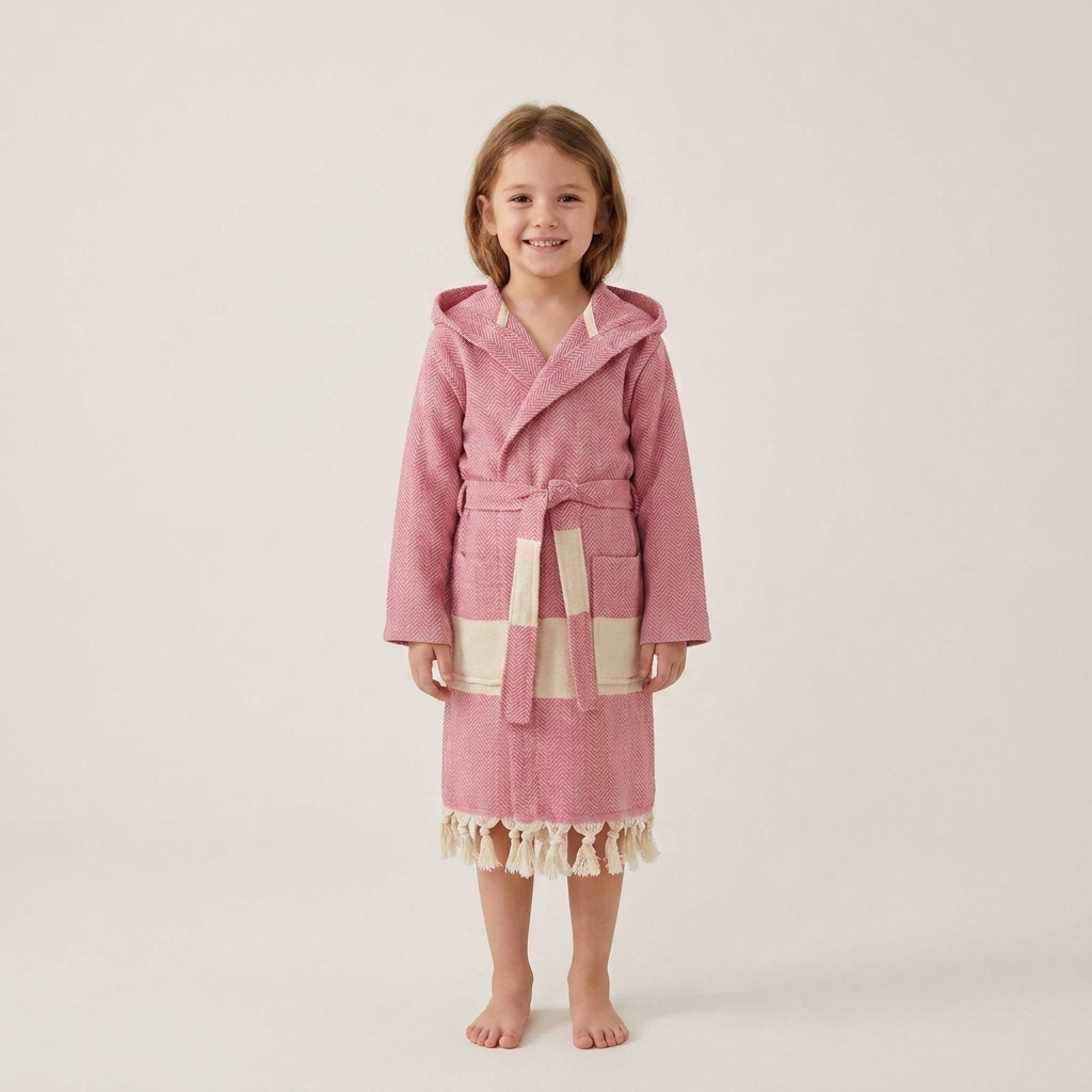 Herringbone kids Turkish cotton bathrobe – hooded, fringed hem | Kikoya