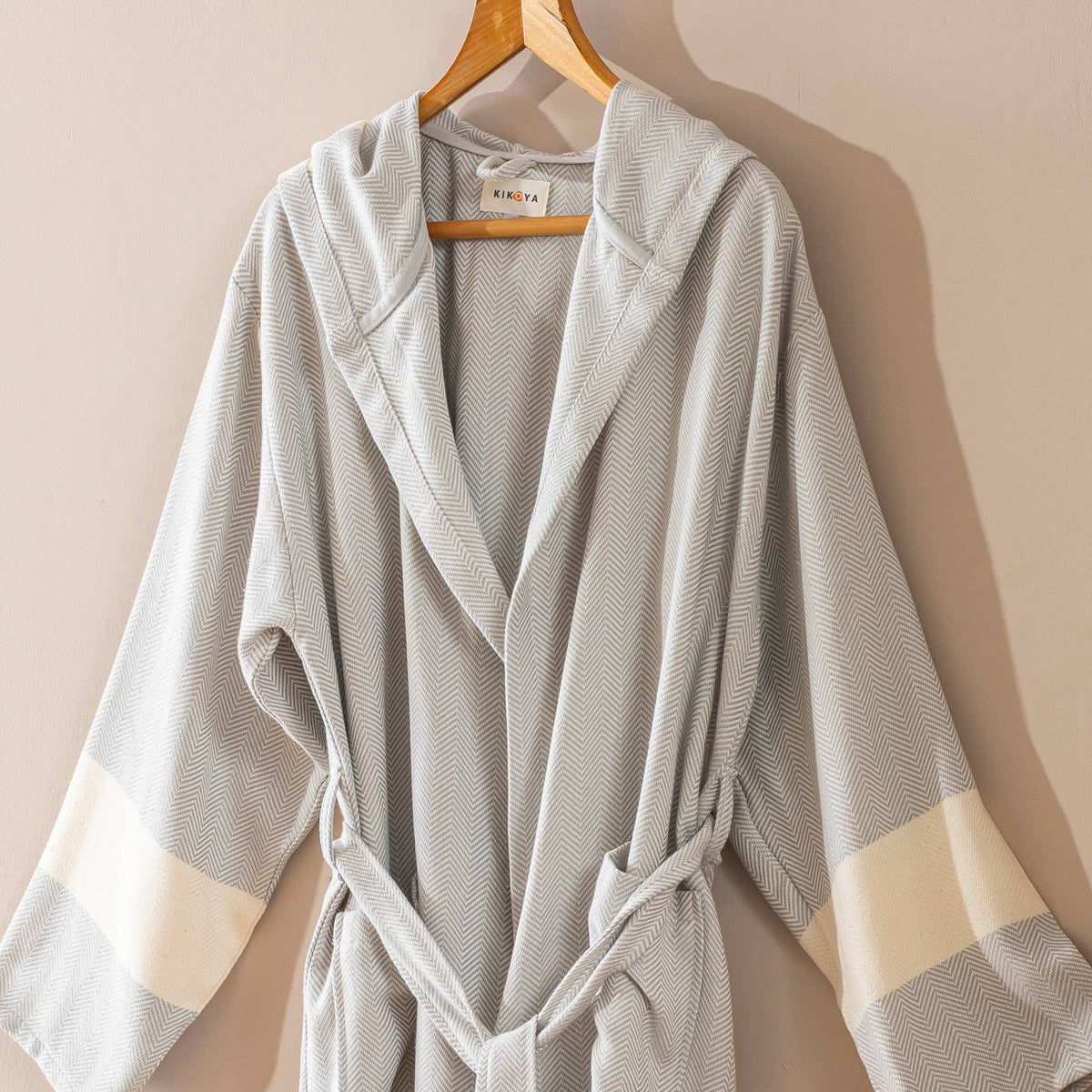 Herringbone Turkish cotton bathrobe – color-block hooded robe | Kikoya