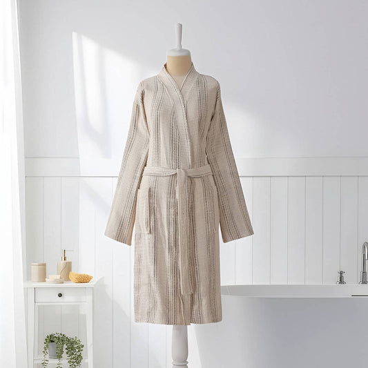 Santorini Turkish kimono bathrobe – Tan Stripe | Kikoya
