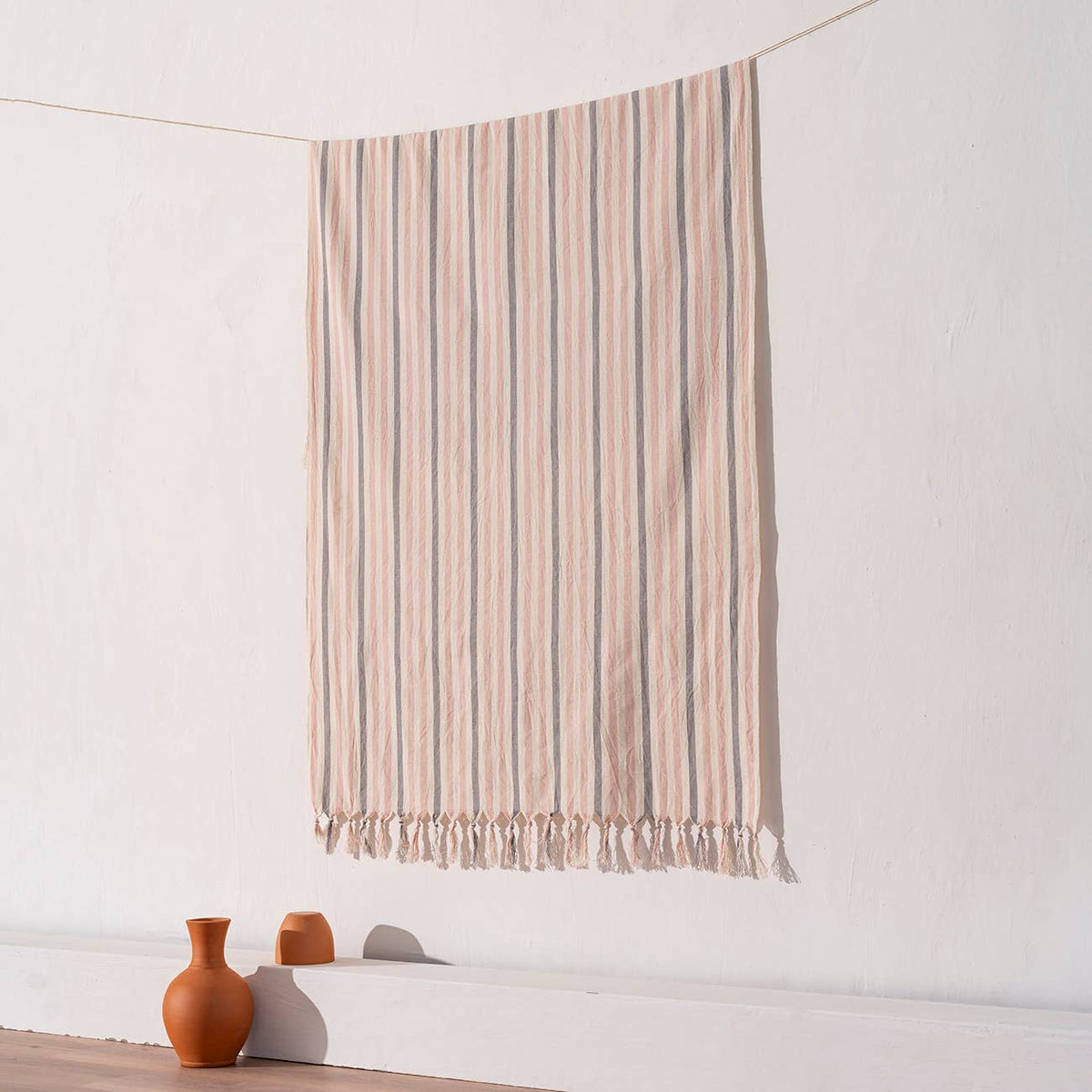 Premium Rustic Turkish beach towel in blush ticking stripe with tassels, 33x66 in | Kikoya