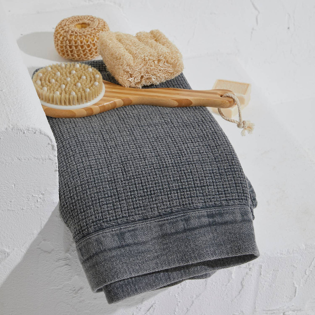 Salda stonewashed Turkish towel in waffle weave with plain border, 33x66 in | Kikoya