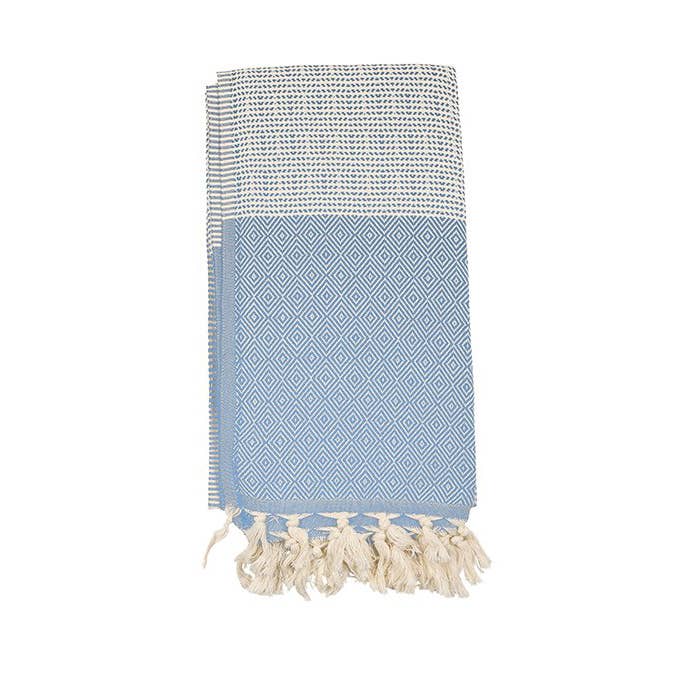 Topkapi Turkish beach towel in blue diamond weave with contrast band, 33x66 in | Kikoya