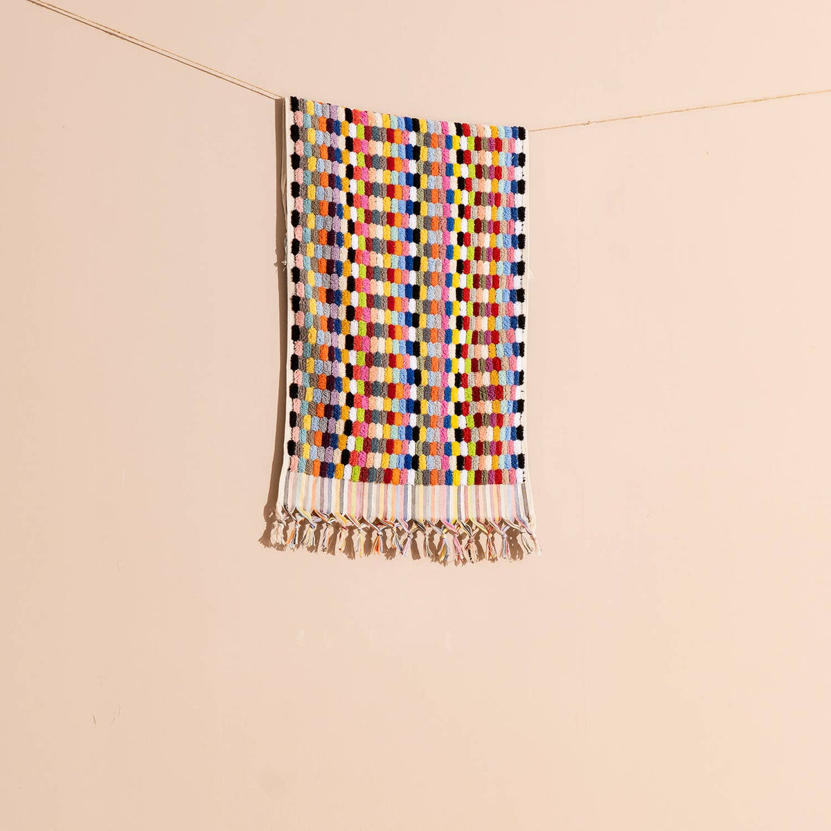 Lokum pompom Turkish hand towel, 17x38 in, handloomed check with pompom fringe | Kikoya