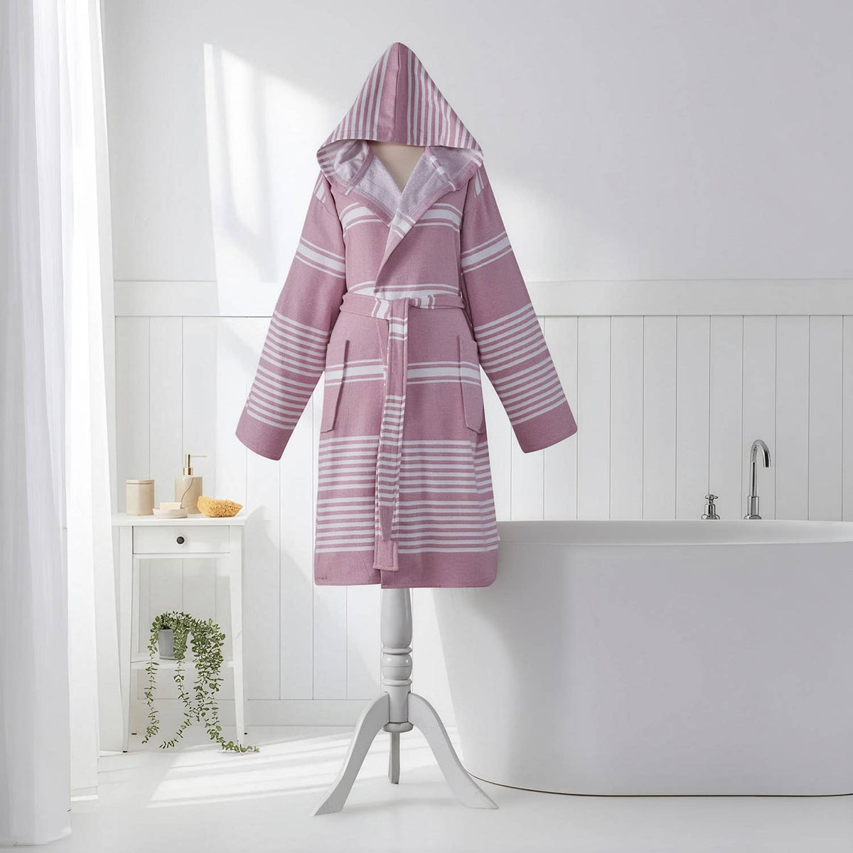 Wide stripe terry-backed Turkish bathrobe – hooded | Kikoya