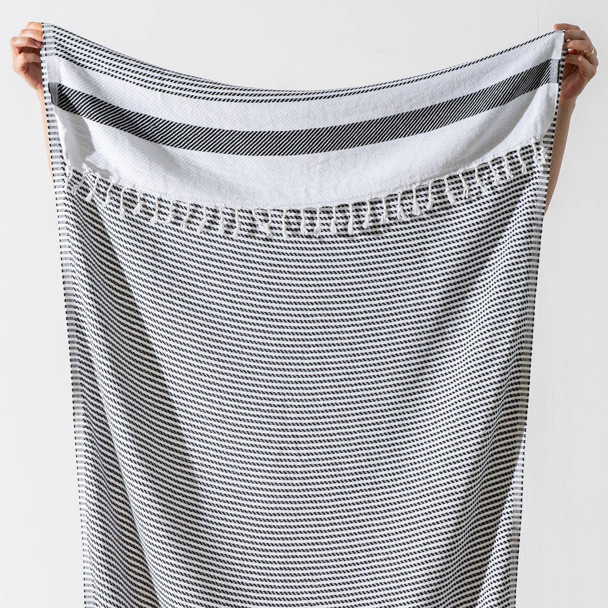 Pinstripe Turkish beach towel on cream with solid hem band, 33x66 in | Kikoya