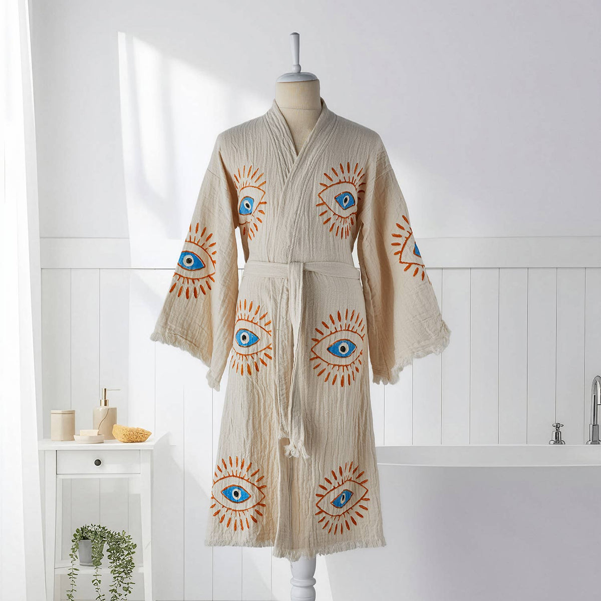 Block-print Turkish cotton kimono robe – Evil Eye Blue & Orange | Kikoya