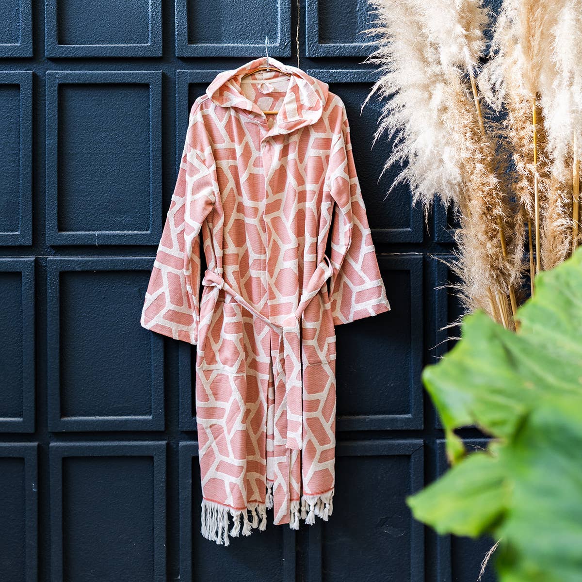Aztec raised terry Turkish bathrobe in dusty rose, hooded | Kikoya