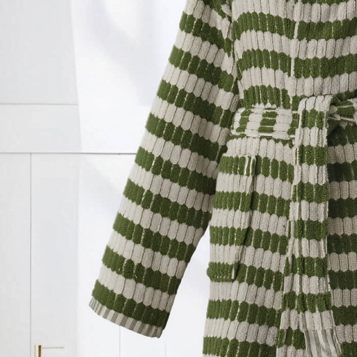 Pompom Turkish bathrobe – Lokum Khaki, Hooded, belt and pocket detail | Kikoya
