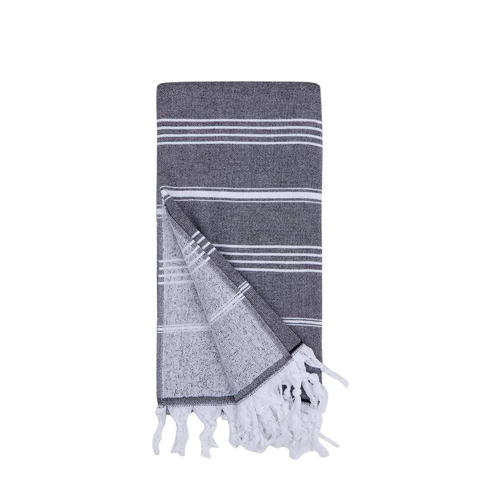 Classic terry-backed Turkish towel in wide stripe, flat face with brushed terry back | Kikoya