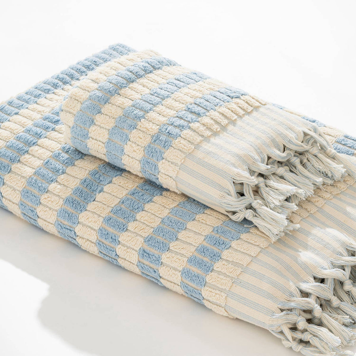 Lokum pompom Turkish hand towel, 17x38 in, handloomed check with pompom fringe | Kikoya