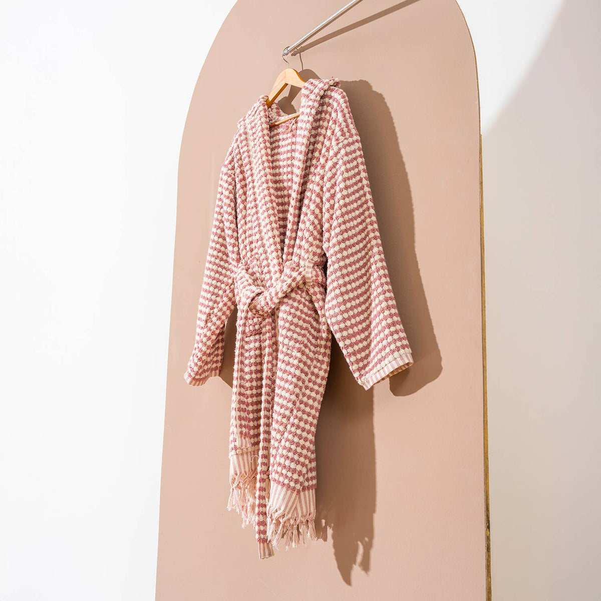 Pompom Turkish bathrobe – Rose Pink, Hooded, styled view | Kikoya