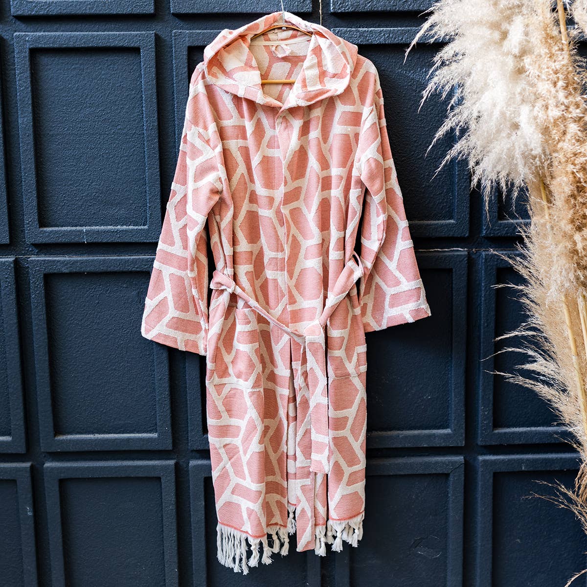 Aztec raised terry Turkish bathrobe in dusty rose, hooded | Kikoya