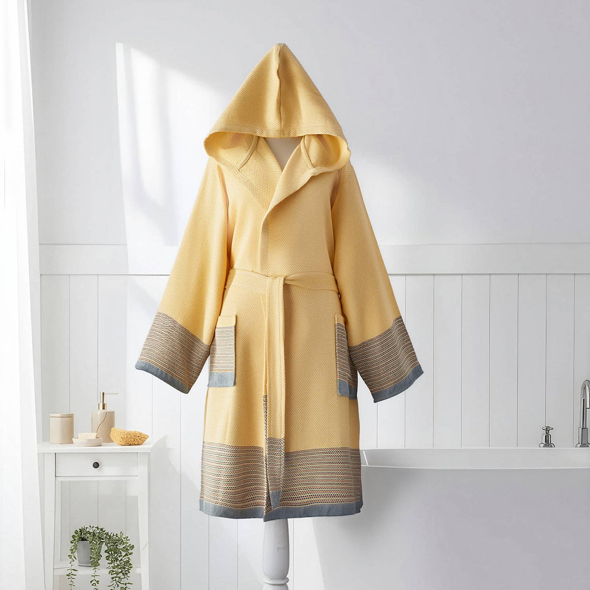 Color-block Turkish cotton bathrobe – hooded, striped border | Kikoya