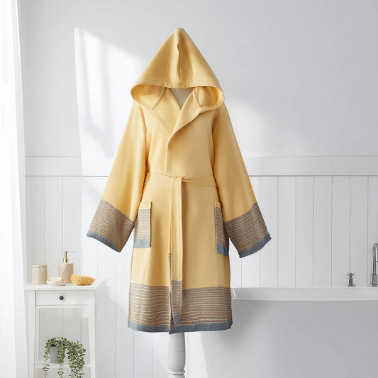 Color-block Turkish cotton bathrobe – hooded, striped border | Kikoya