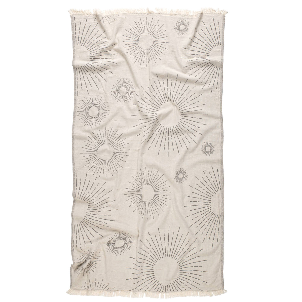 Sunburst print Turkish beach towel on natural cotton, 35x70 in, flat weave | Kikoya