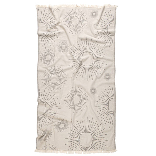 Sunburst print Turkish beach towel on natural cotton, 35x70 in, flat weave | Kikoya