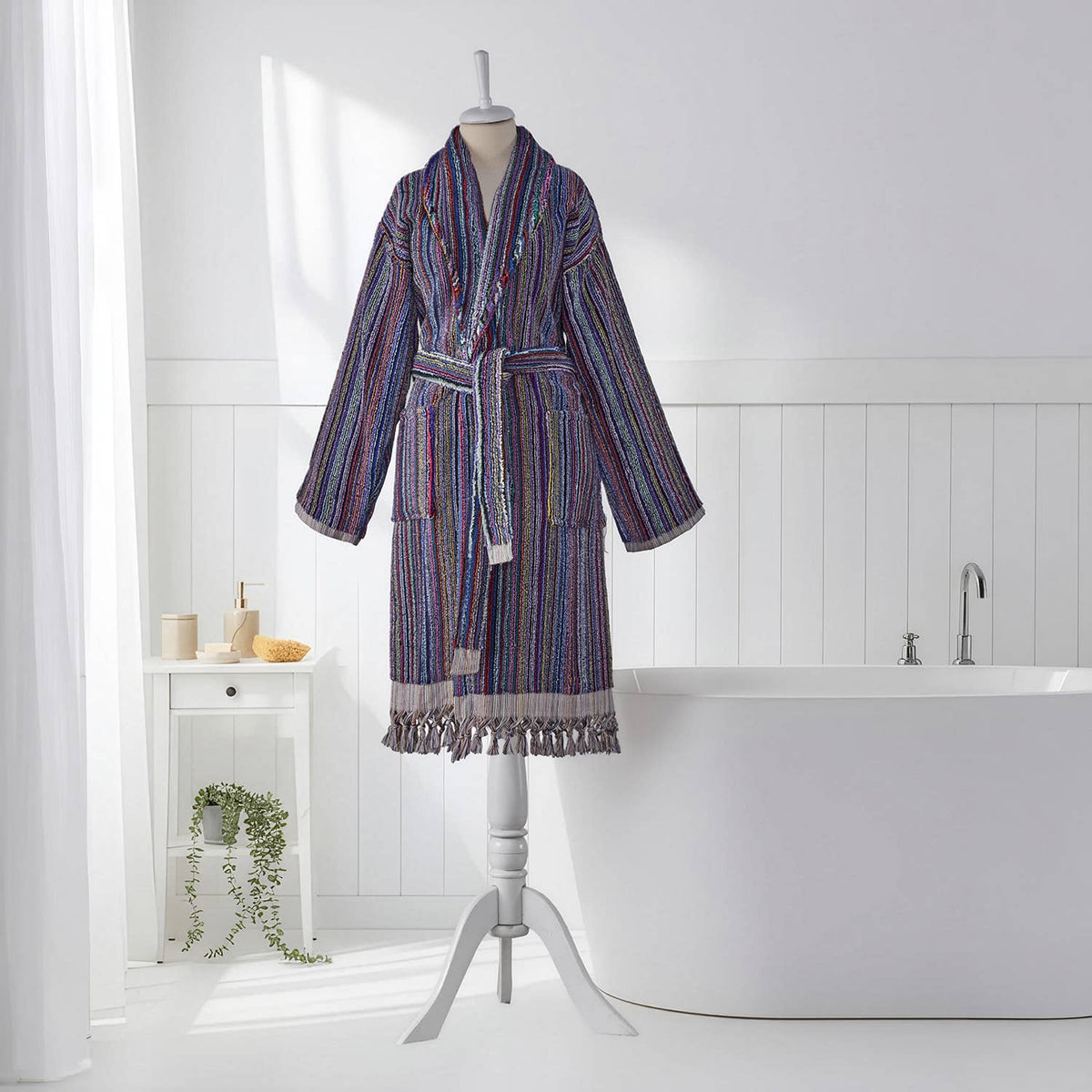 Pompom Turkish bathrobe – Purple Multi Stripe, Shawl Collar, texture detail | Kikoya